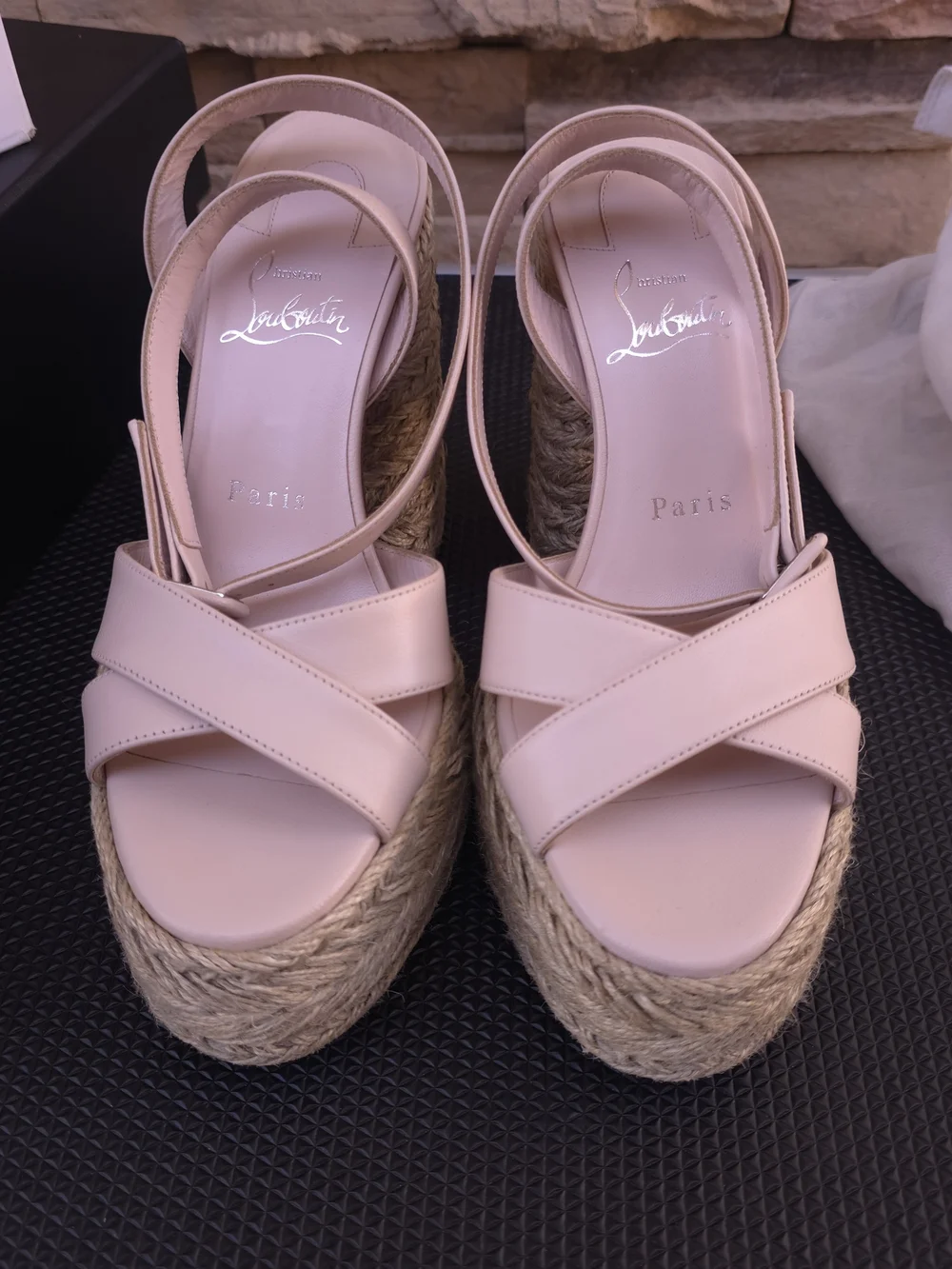 Christian Louboutin Nude Pink Leather Platform Espadrille Sandals
